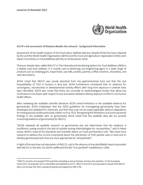 Joint FAO/WHO Expert Committee on Food Additives risk assessment of titanium dioxide risk released – background information